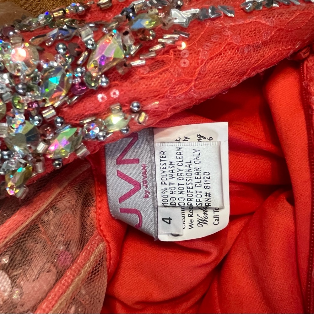 JVN Coral Red Beaded Lace Evening Dress - Picture 3 of 3